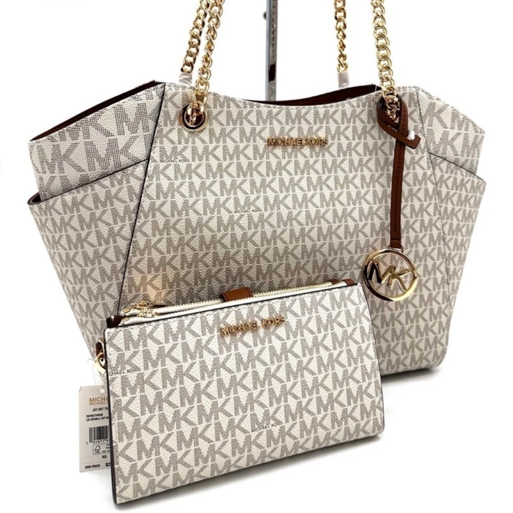 Michael Kors Large Jet Set Travel Chain Shoulder Bag & Trifold Wallet Vanilla - Picture 1 of 15